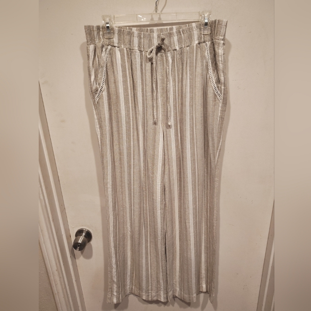 Briggs Women's Taupe Stripe Wide Leg Linen Blend Pants L Coastal Beach Vacation